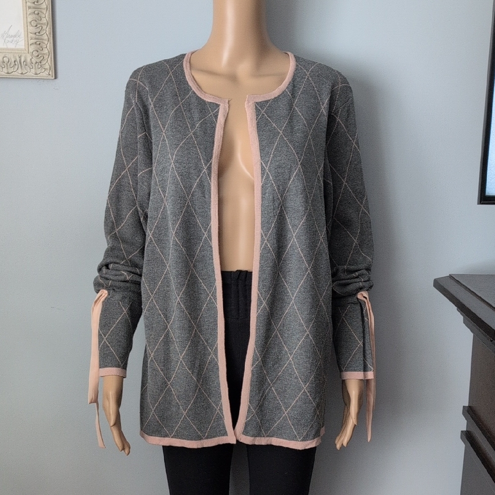 Women's Gray Argyle Open Cardigan with Pink Trim - Picture 2 of 12